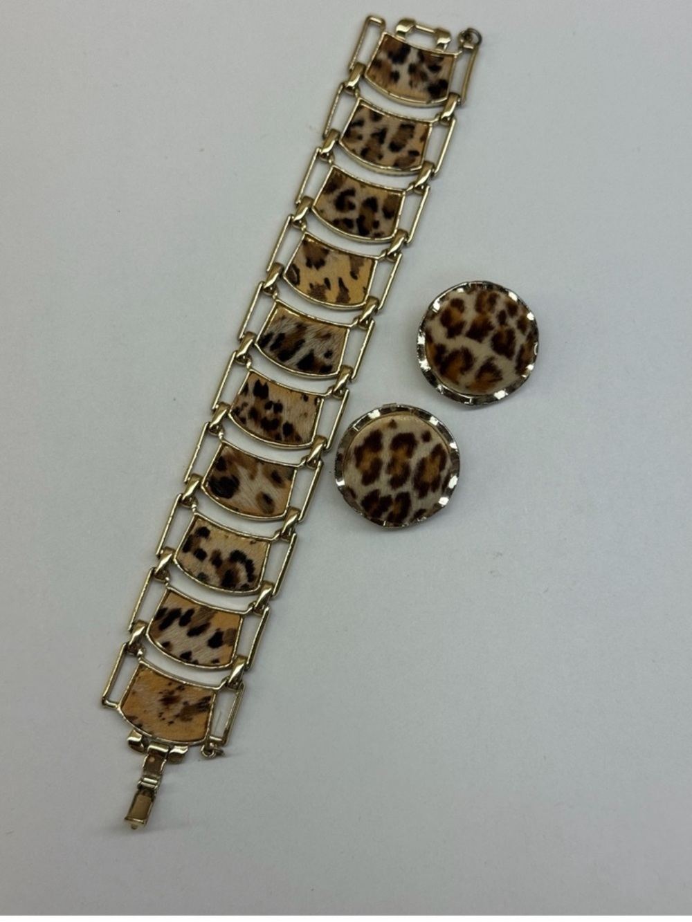 Leopard Print Gold-Tone Bracelet and Clip-On Earrings Set